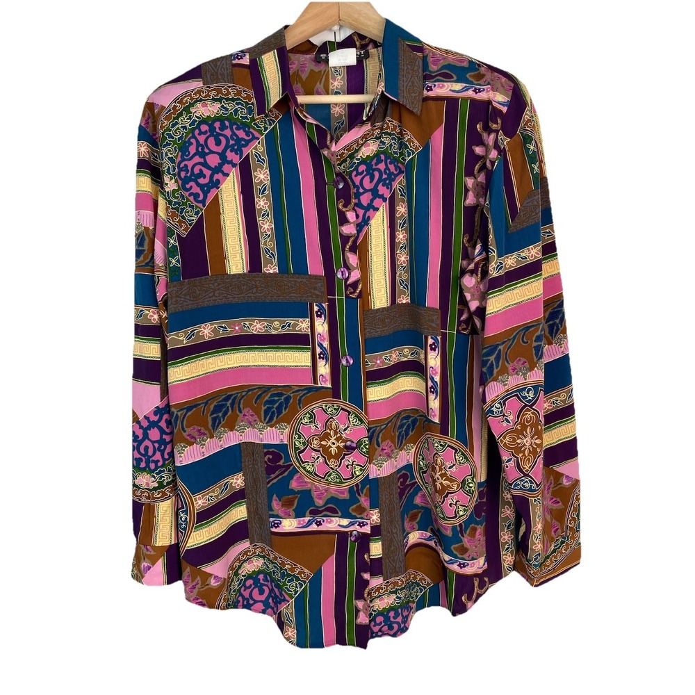 VTG S.G Sport Collection Women's L Colorful Silky Button Up Shoulder Pad Shirt